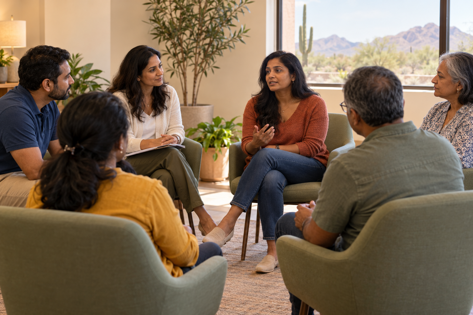 Adults talking together in a comfortable counseling room